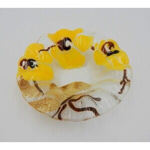 Sydenstricker Fused Glass Yellow Orchid Flower Ruffled Bowl Trinket 6-3/4 Inch